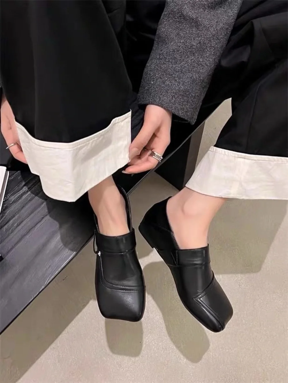 Black Square-Toe Slip-On Leather Loafers - Picture 7 of 8